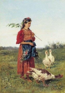  1875 Galerie - ein Mädchen mit Gänsen 1875 Vladimir Makovsky Russisch